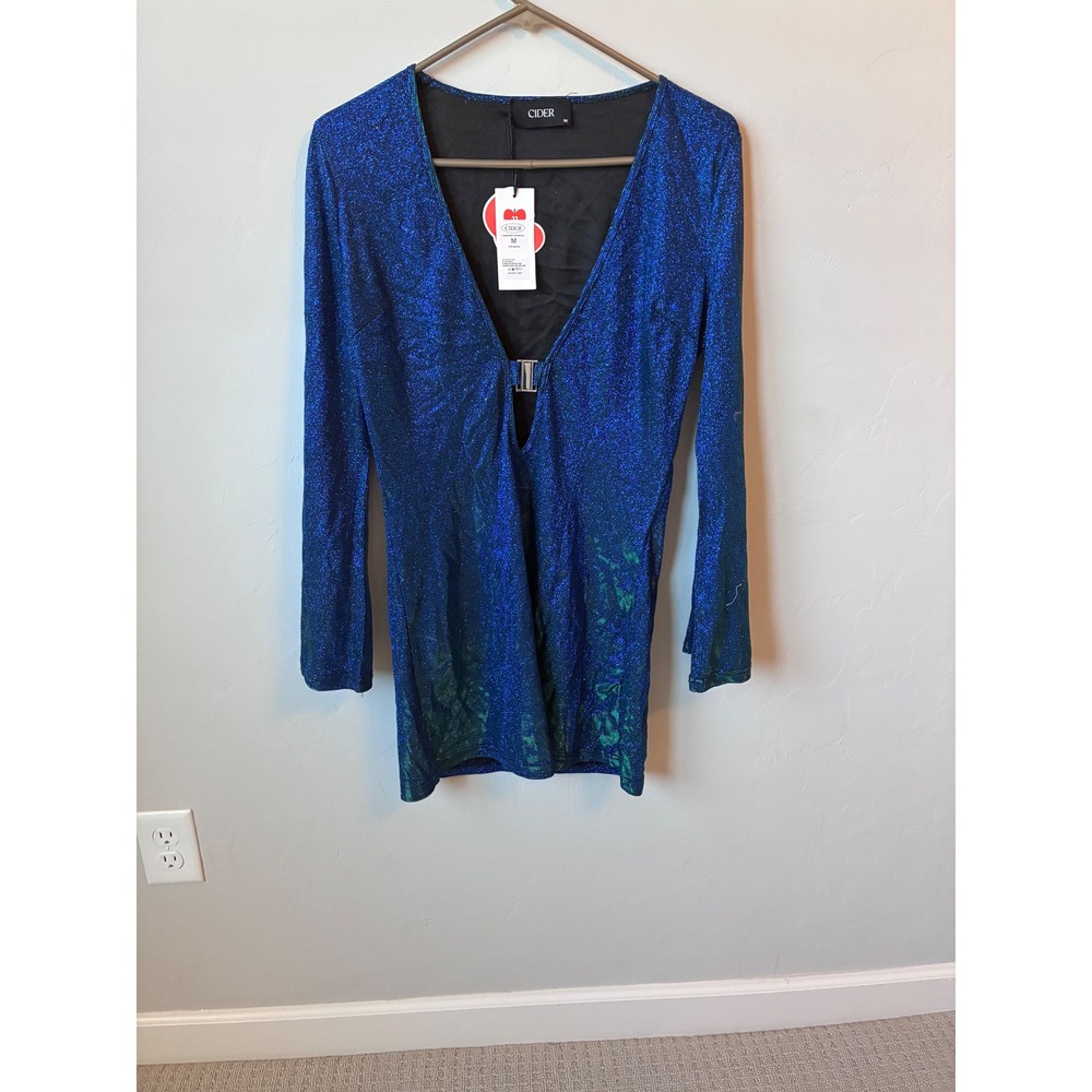 CIDER Blue Sparkle Cutout Long Sleeve Mini Dress, Retro, 70s, Size Medium - Picture 2 of 6